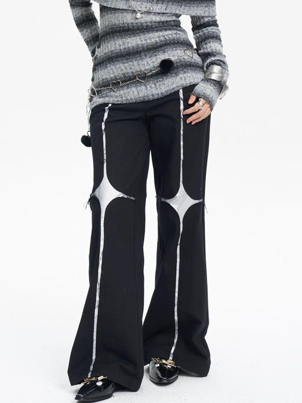 NextPassport MOF Black Asymmetric Silver Cross Sequin Women's Elastic Waist Wide-leg Pants