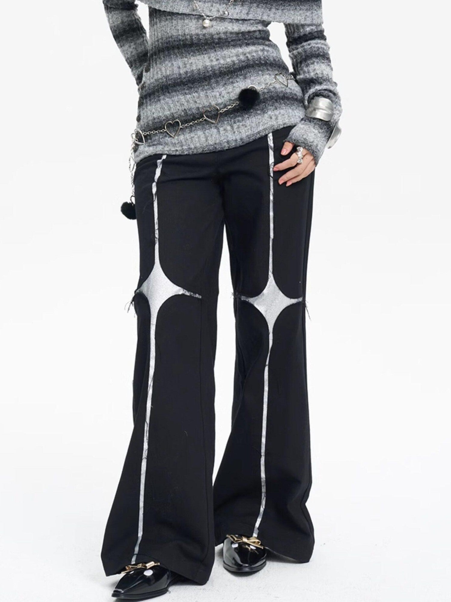 NextPassport MOF Black Asymmetric Silver Cross Sequin Women's Elastic Waist Wide-leg Pants