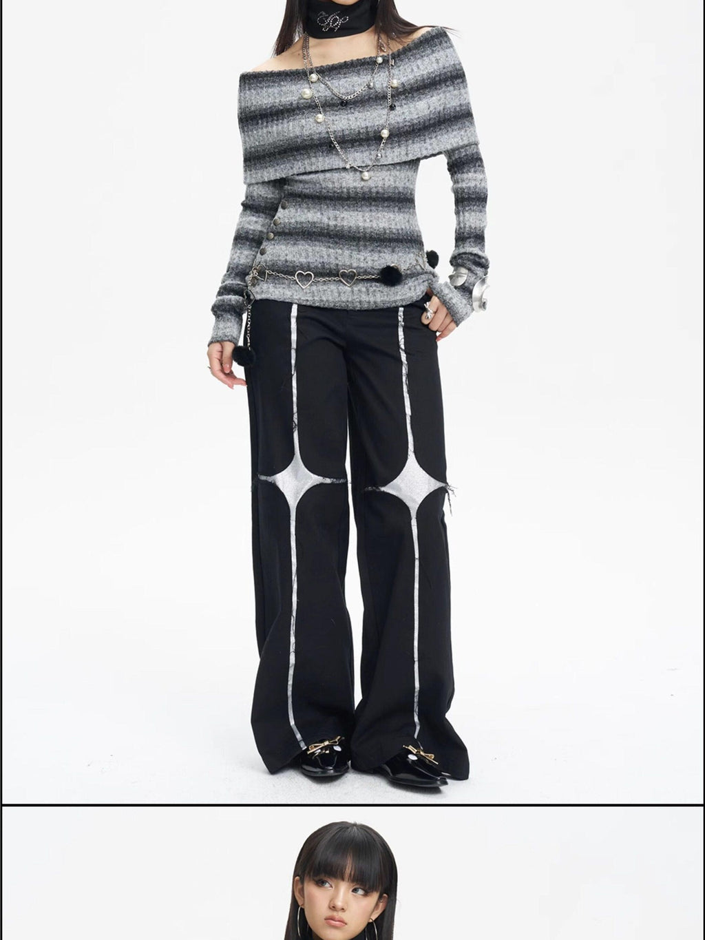 NextPassport MOF Black Asymmetric Silver Cross Sequin Women's Elastic Waist Wide-leg Pants