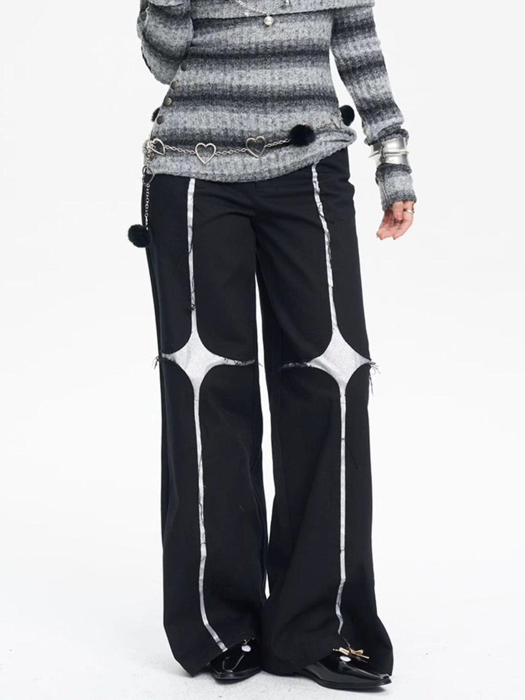 NextPassport MOF Black Asymmetric Silver Cross Sequin Women's Elastic Waist Wide-leg Pants