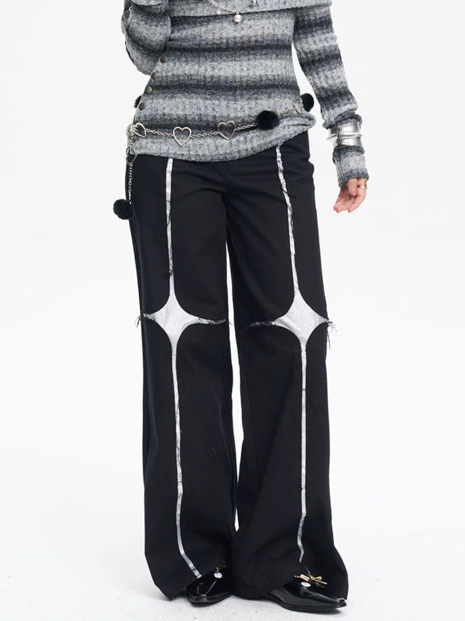 NextPassport MOF Black Asymmetric Silver Cross Sequin Women's Elastic Waist Wide-leg Pants
