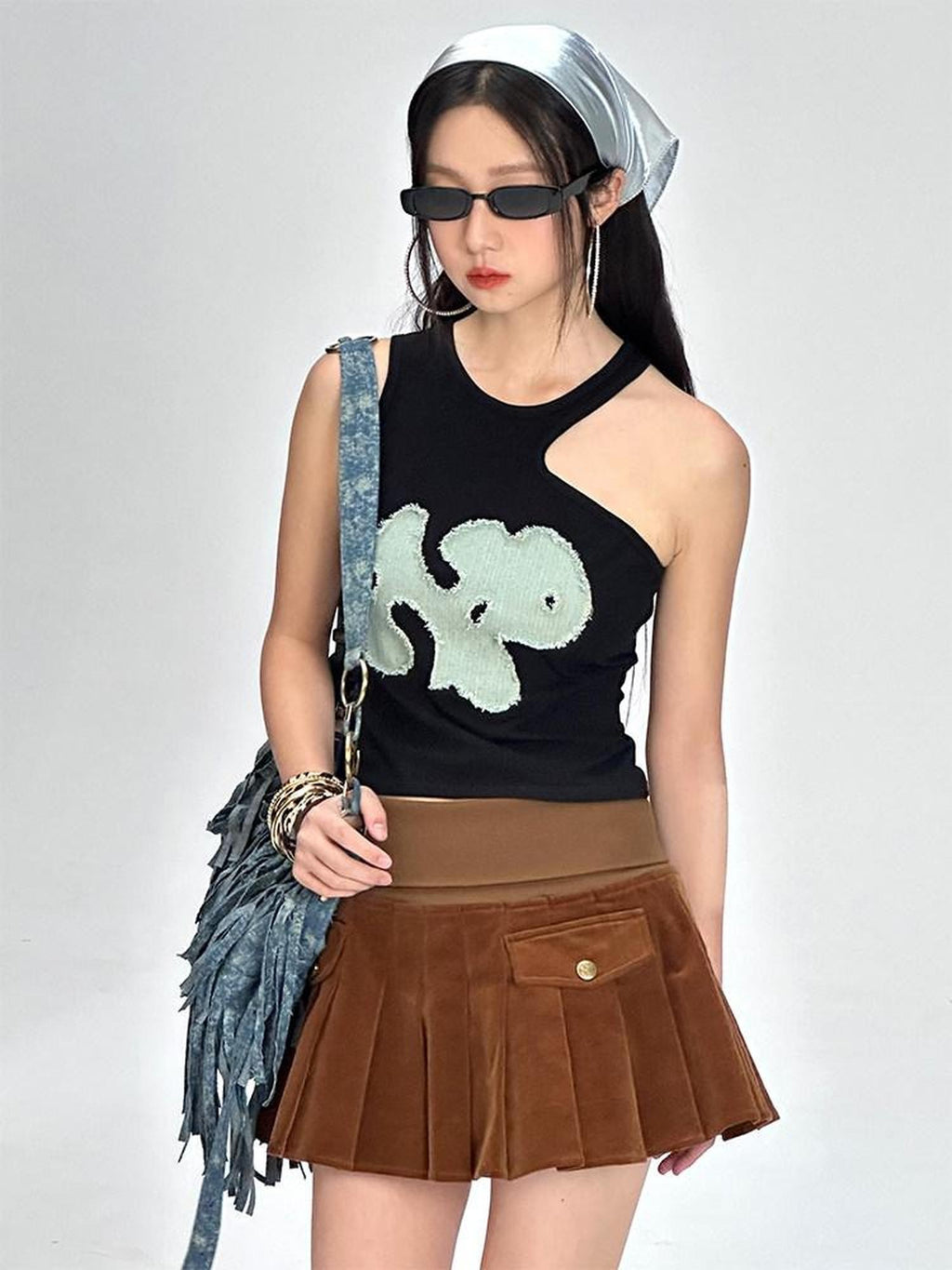 NextPassport MOF Black Blue Colorblock Asymmetrical Patch Cutout Women's Cotton Tank Tops