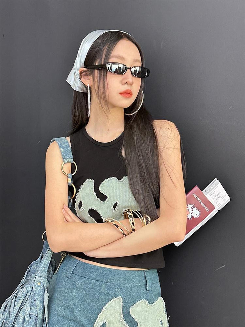 NextPassport MOF Black Blue Colorblock Asymmetrical Patch Cutout Women's Cotton Tank Tops