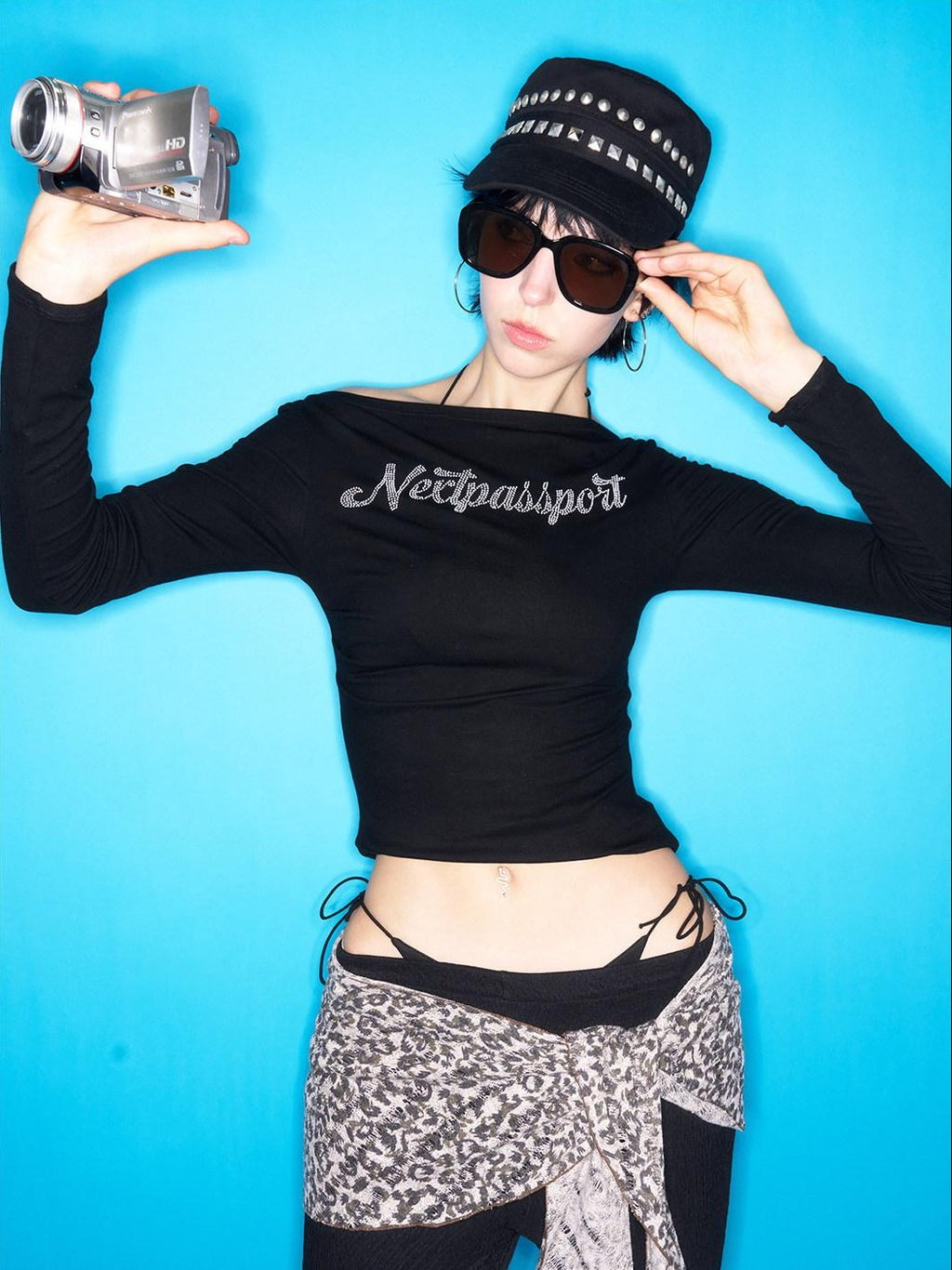 NextPassport MOF Black Boatneck Rhinestone Women's Viscose Spandex Long Sleeve T-shirts