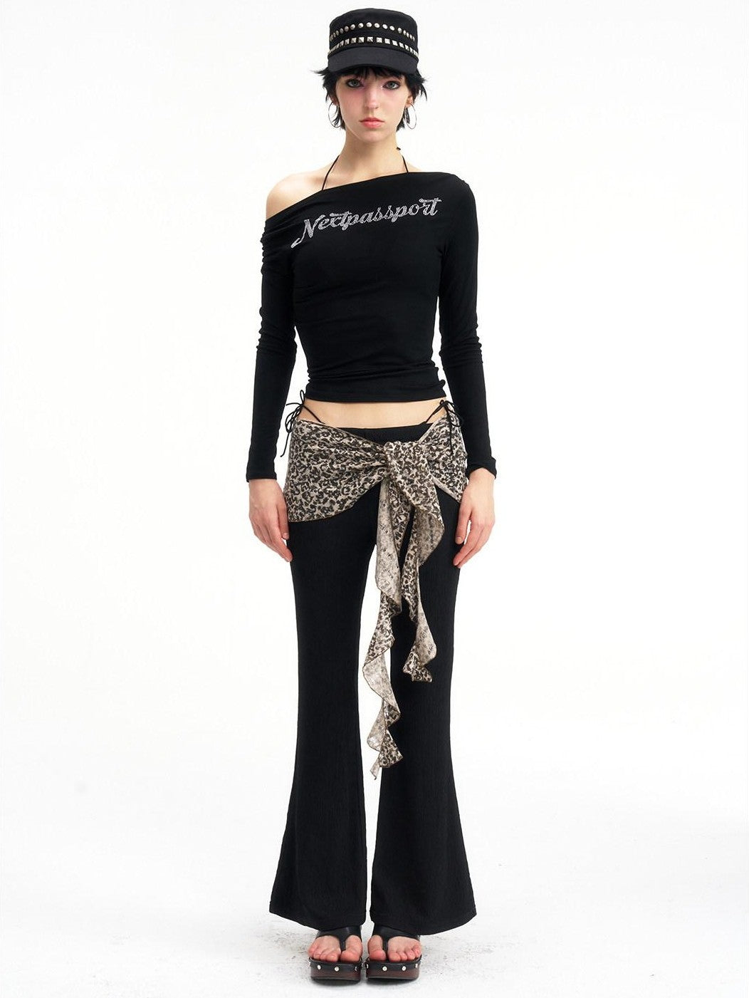 NextPassport MOF Black Boatneck Rhinestone Women's Viscose Spandex Long Sleeve T-shirts