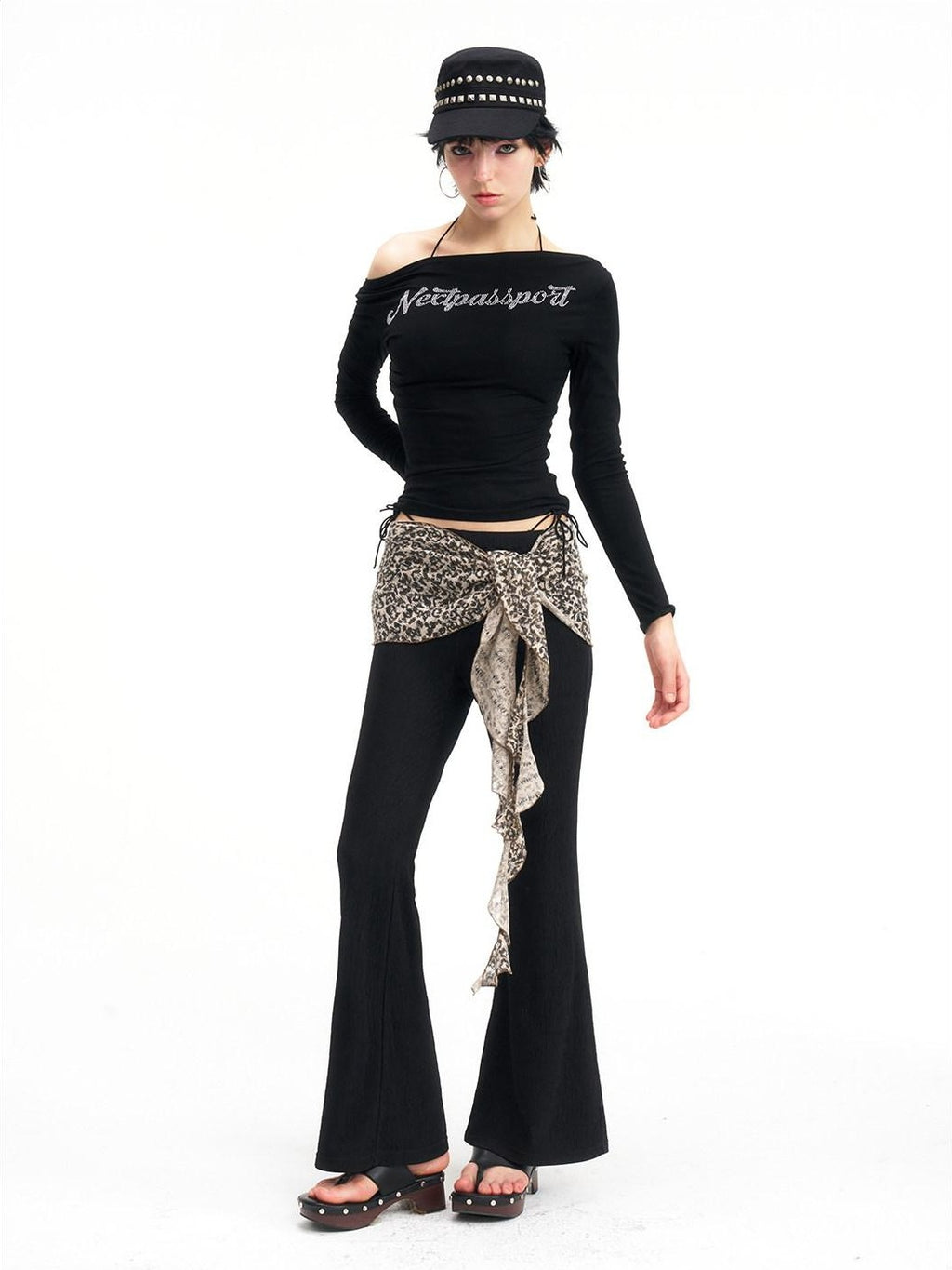 NextPassport MOF Black Boatneck Rhinestone Women's Viscose Spandex Long Sleeve T-shirts