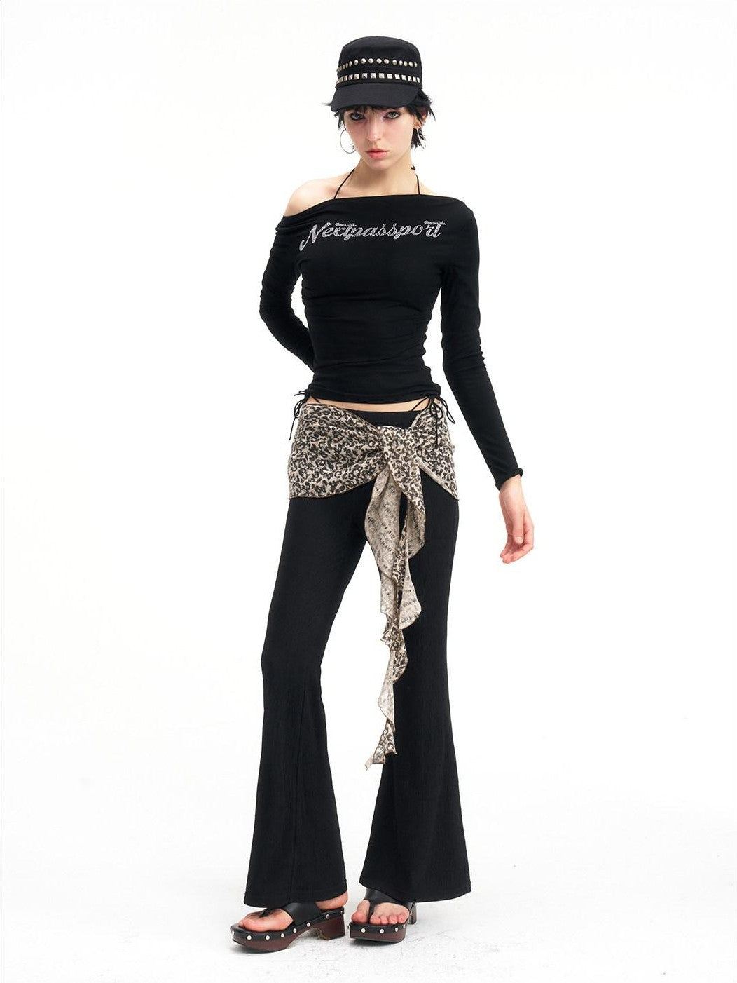 NextPassport MOF Black Boatneck Rhinestone Women's Viscose Spandex Long Sleeve T-shirts