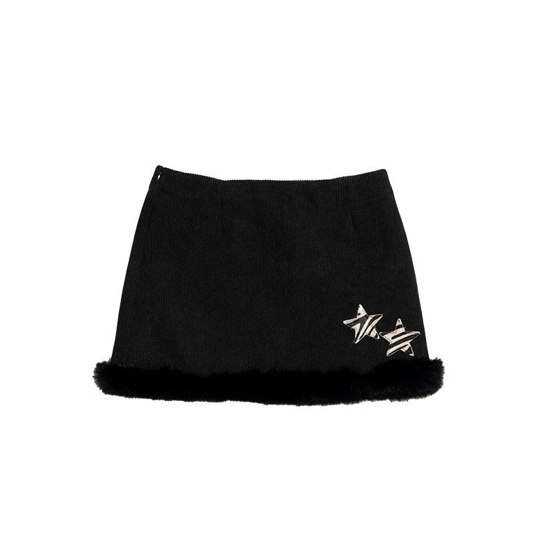 NextPassport_MOF_Black_Corduroy_Hem_Fur_Trim_Frayed_Edge_Women's_Polyester_Mini_Skirts_850106351317_MISSTT