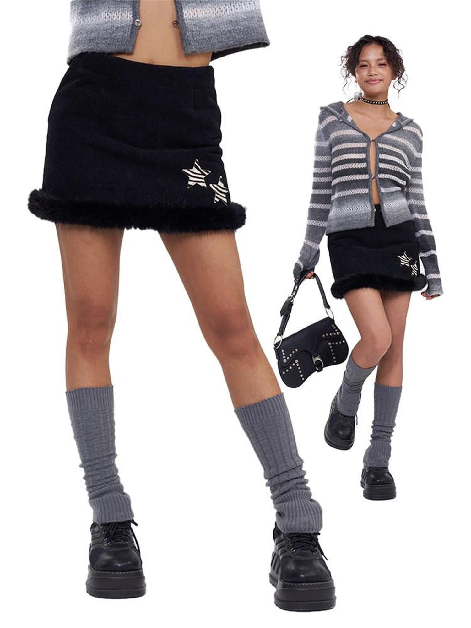 NextPassport MOF Black Corduroy Hem Fur Trim Frayed Edge Women's Polyester Mini Skirts