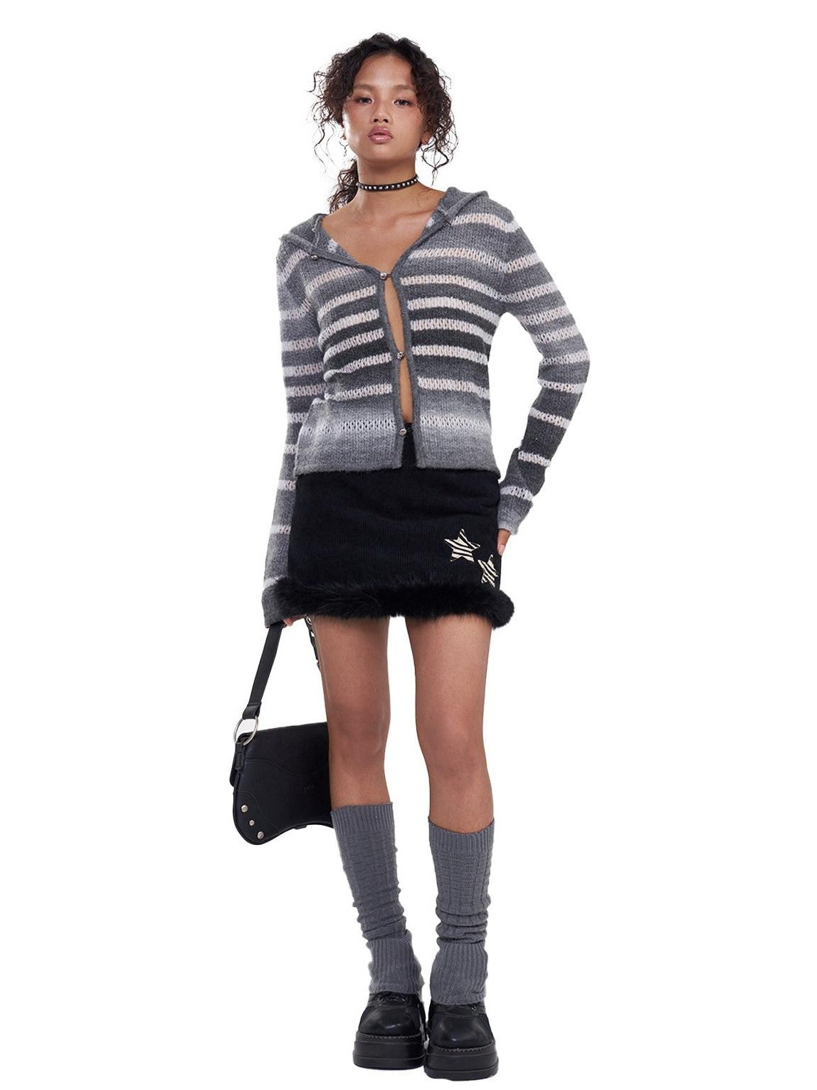 NextPassport MOF Black Corduroy Hem Fur Trim Frayed Edge Women's Polyester Mini Skirts
