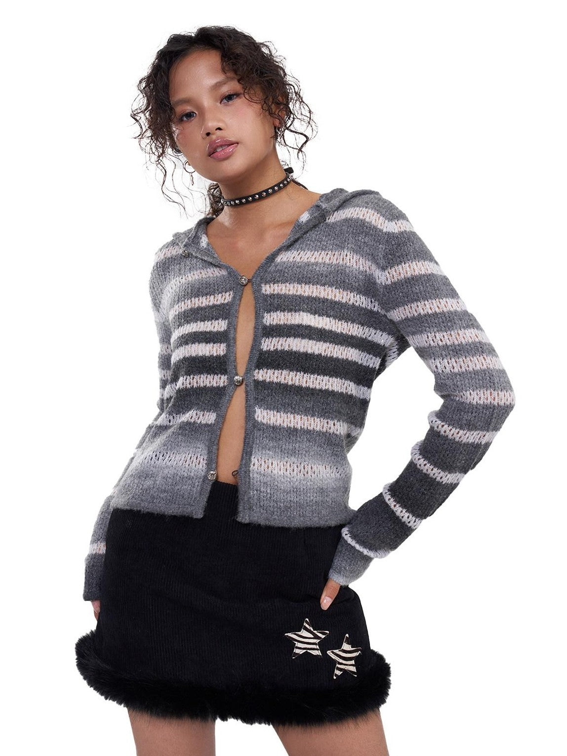 NextPassport MOF Black Corduroy Hem Fur Trim Frayed Edge Women's Polyester Mini Skirts