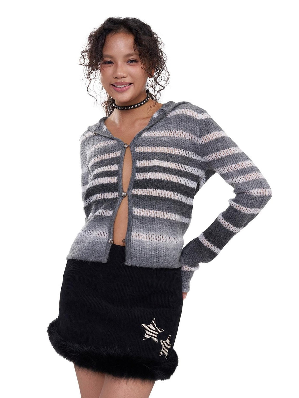 NextPassport MOF Black Corduroy Hem Fur Trim Frayed Edge Women's Polyester Mini Skirts