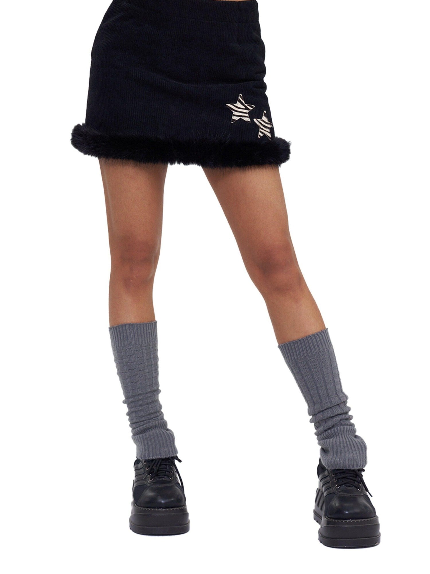NextPassport MOF Black Corduroy Hem Fur Trim Frayed Edge Women's Polyester Mini Skirts