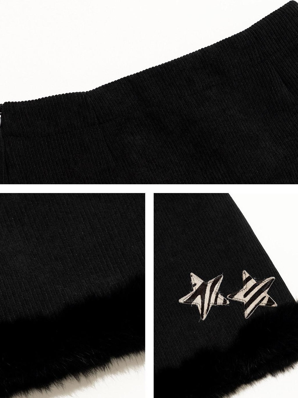 NextPassport MOF Black Corduroy Hem Fur Trim Frayed Edge Women's Polyester Mini Skirts