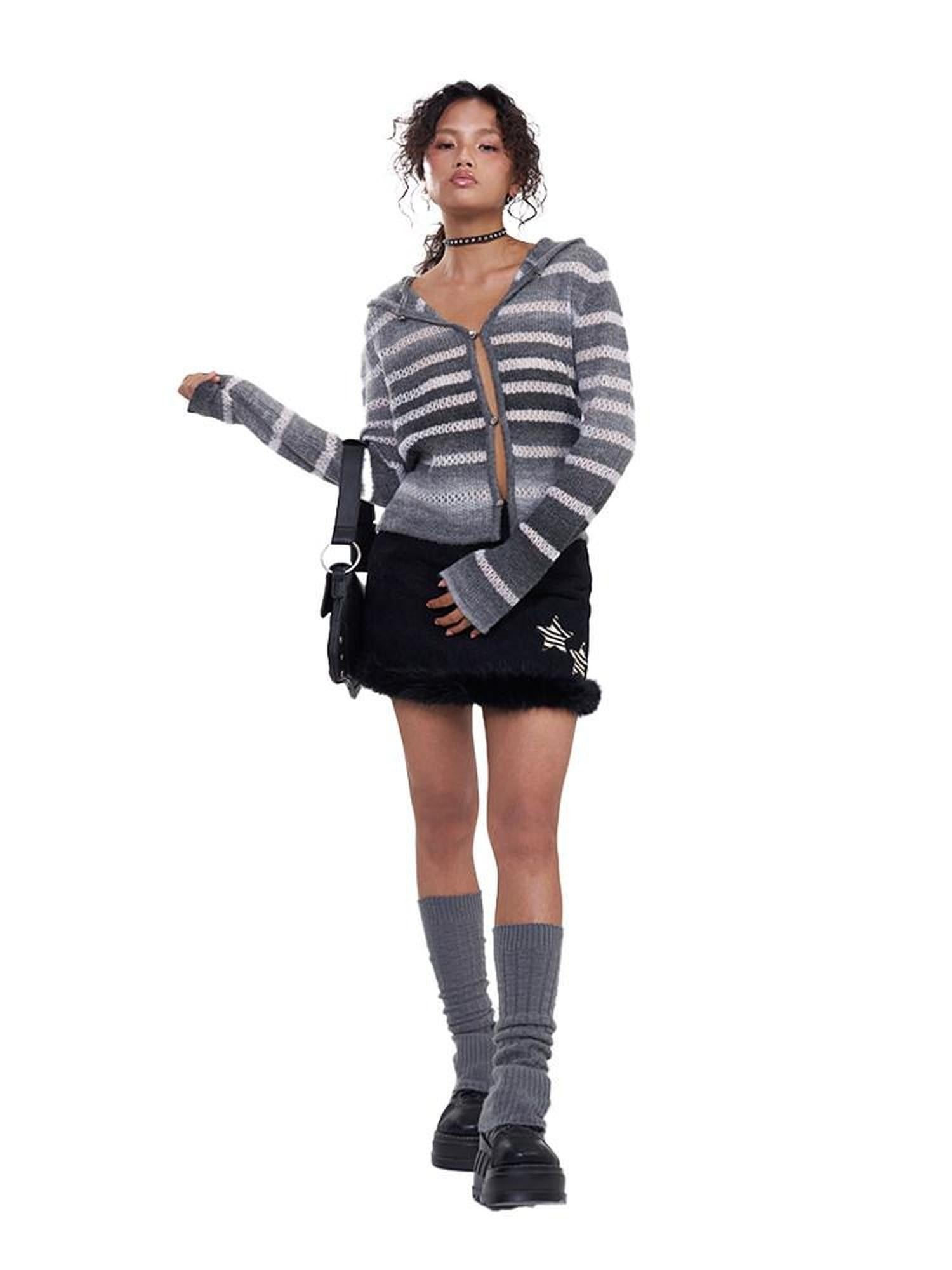 NextPassport MOF Black Corduroy Hem Fur Trim Frayed Edge Women's Polyester Mini Skirts