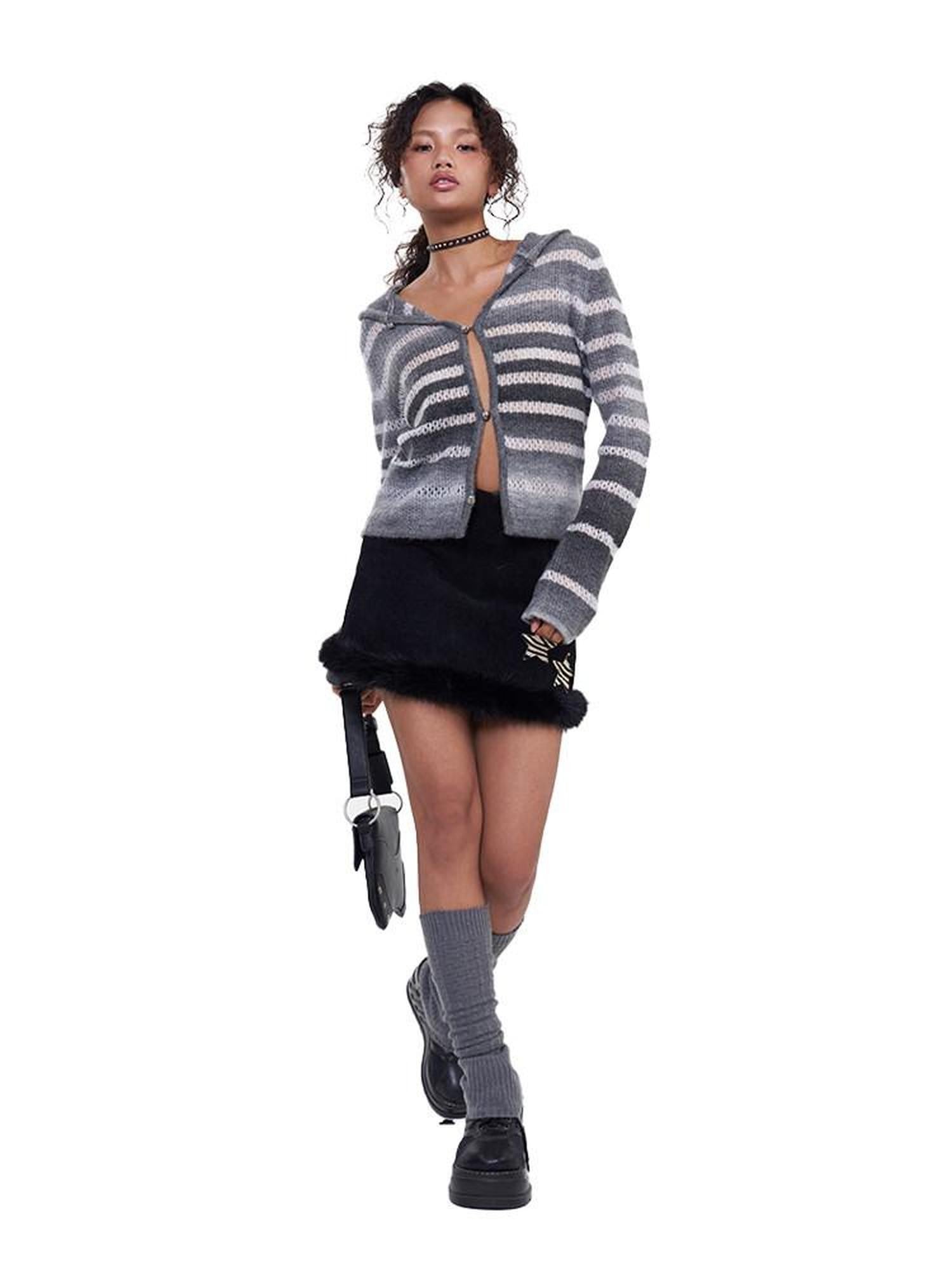 NextPassport MOF Black Corduroy Hem Fur Trim Frayed Edge Women's Polyester Mini Skirts