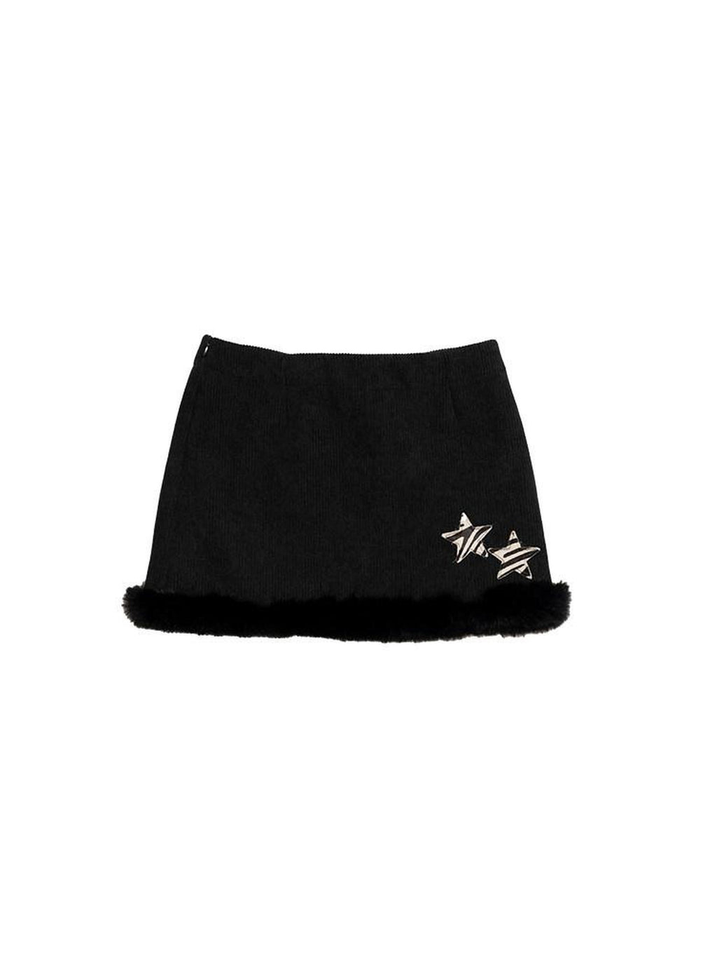 NextPassport MOF Black Corduroy Hem Fur Trim Frayed Edge Women's Polyester Mini Skirts