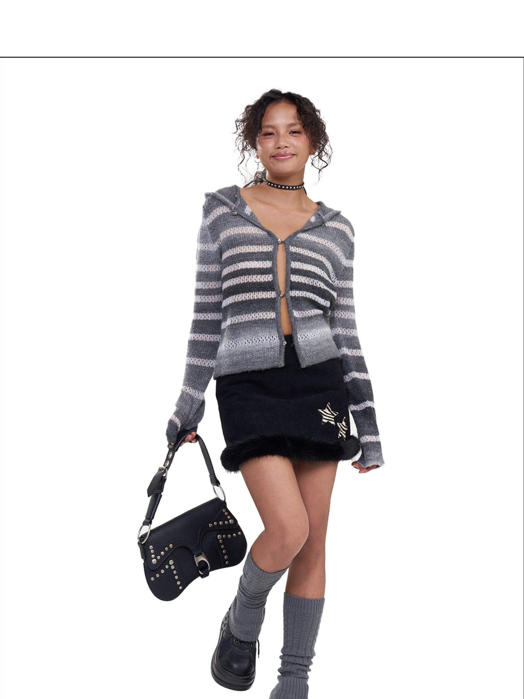 NextPassport MOF Black Corduroy Hem Fur Trim Frayed Edge Women's Polyester Mini Skirts