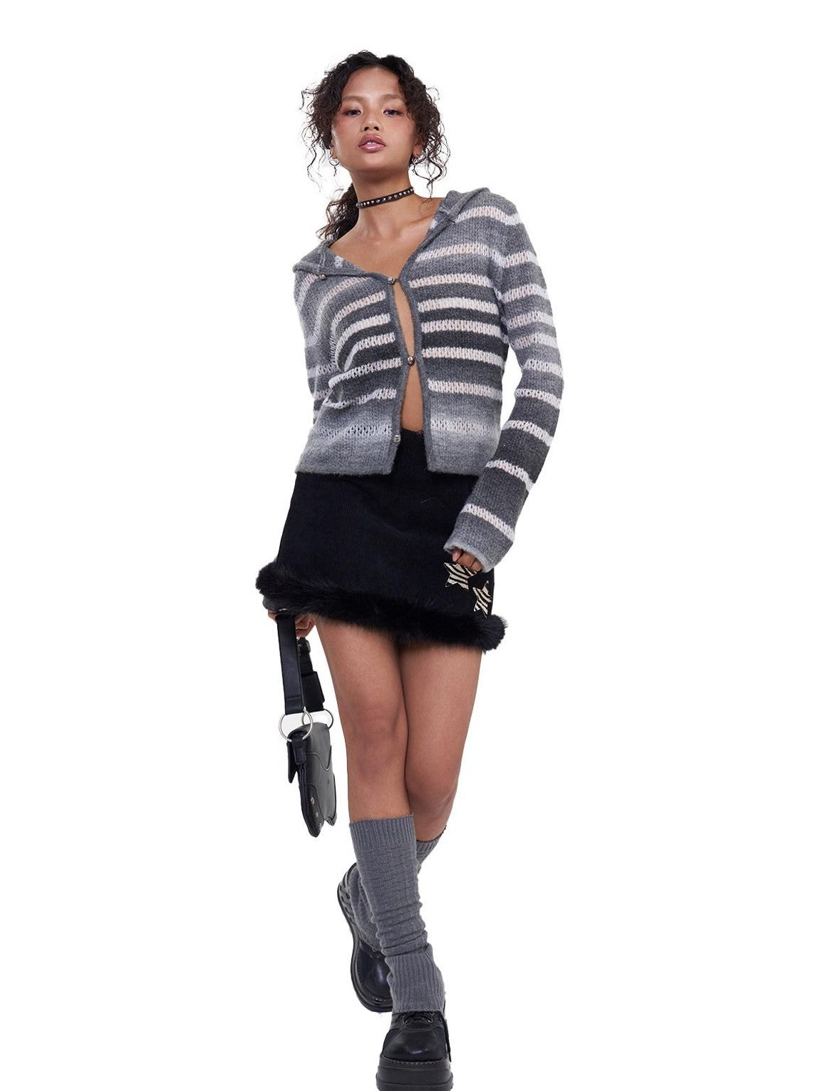 NextPassport MOF Black Corduroy Hem Fur Trim Frayed Edge Women's Polyester Mini Skirts