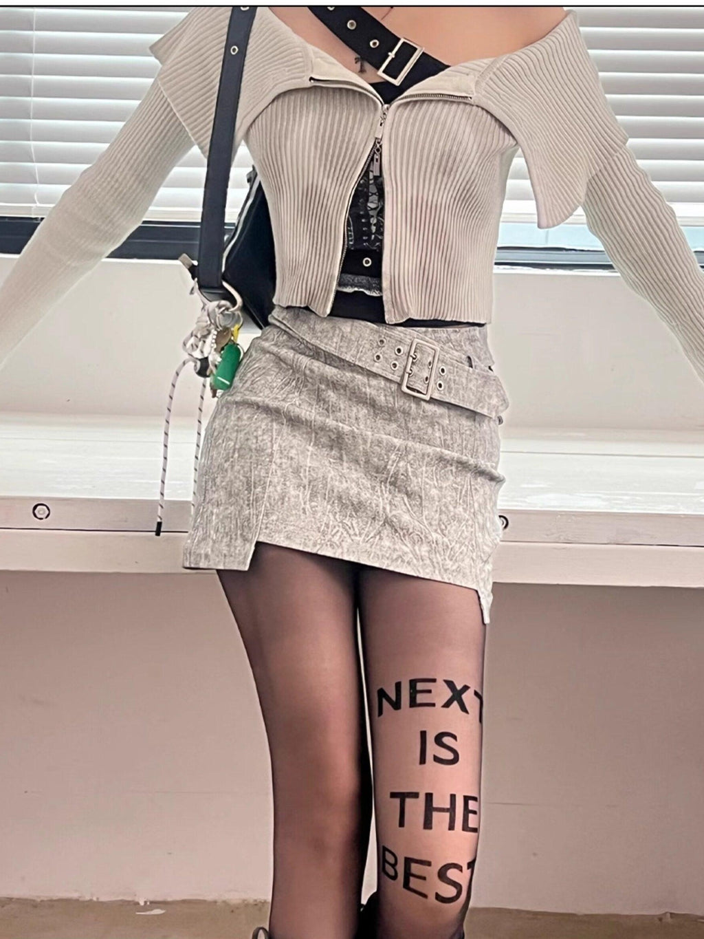 NextPassport MOF Black Flocked Letter Applique European Women's Sheer Lace Socks