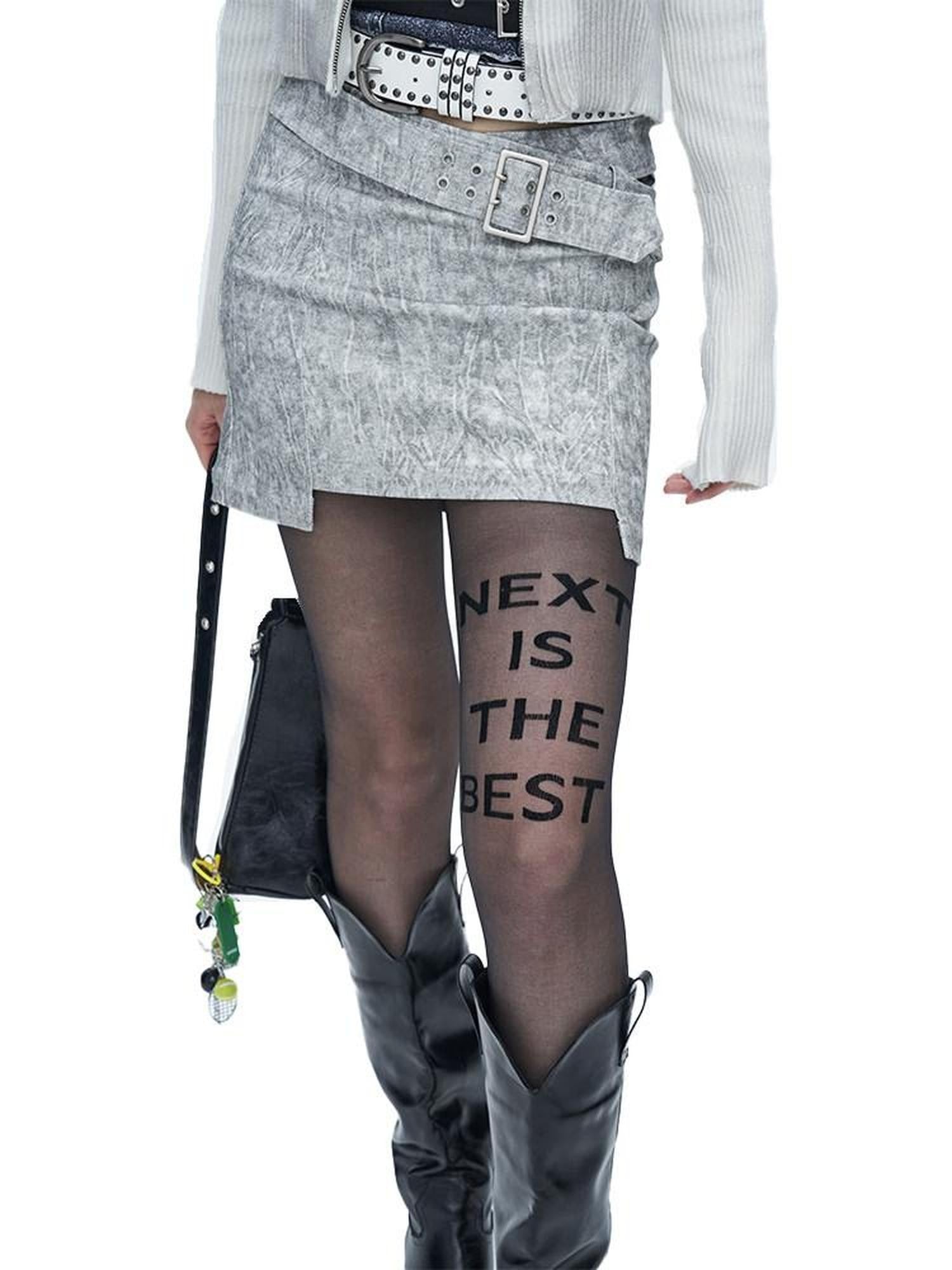 NextPassport MOF Black Flocked Letter Applique European Women's Sheer Lace Socks