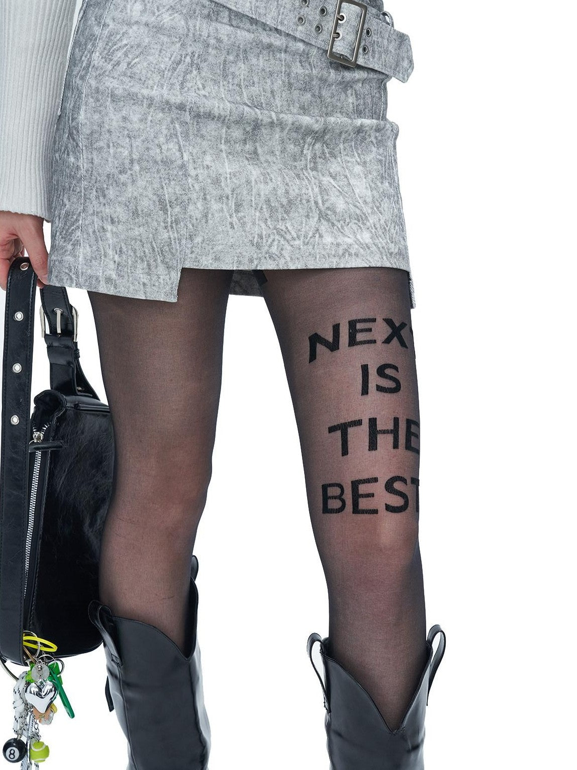 NextPassport MOF Black Flocked Letter Applique European Women's Sheer Lace Socks
