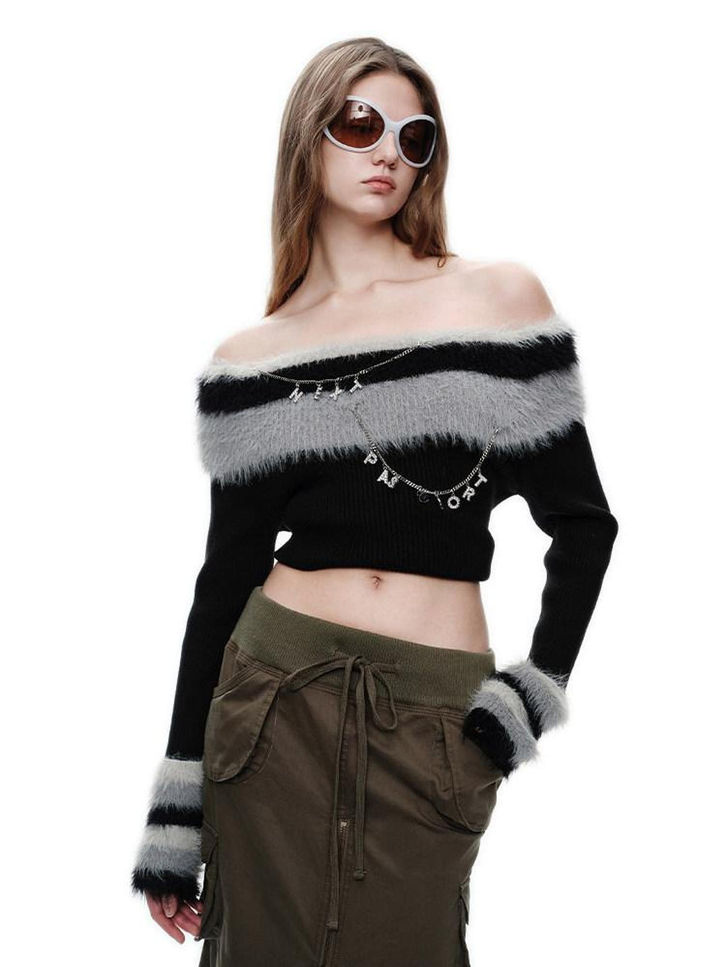NextPassport MOF Black Fur Collar Reversible One Shoulder Women's Polyester Off-shoulder Sweaters