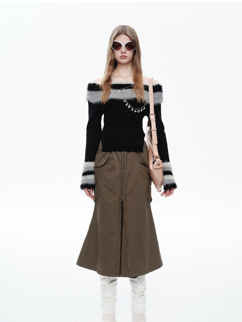 NextPassport MOF Black Fur Collar Reversible One Shoulder Women's Polyester Off-shoulder Sweaters