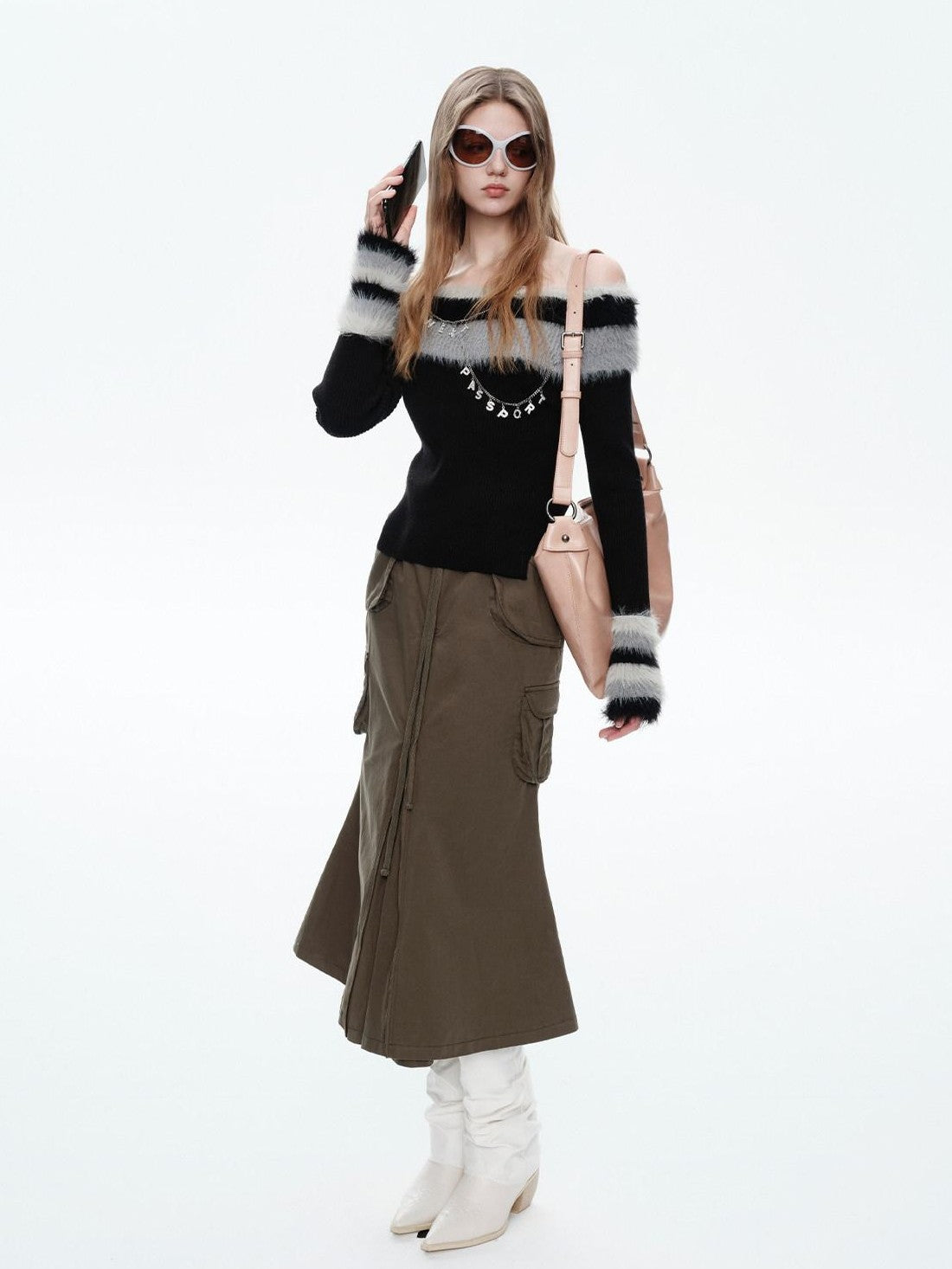 NextPassport MOF Black Fur Collar Reversible One Shoulder Women's Polyester Off-shoulder Sweaters