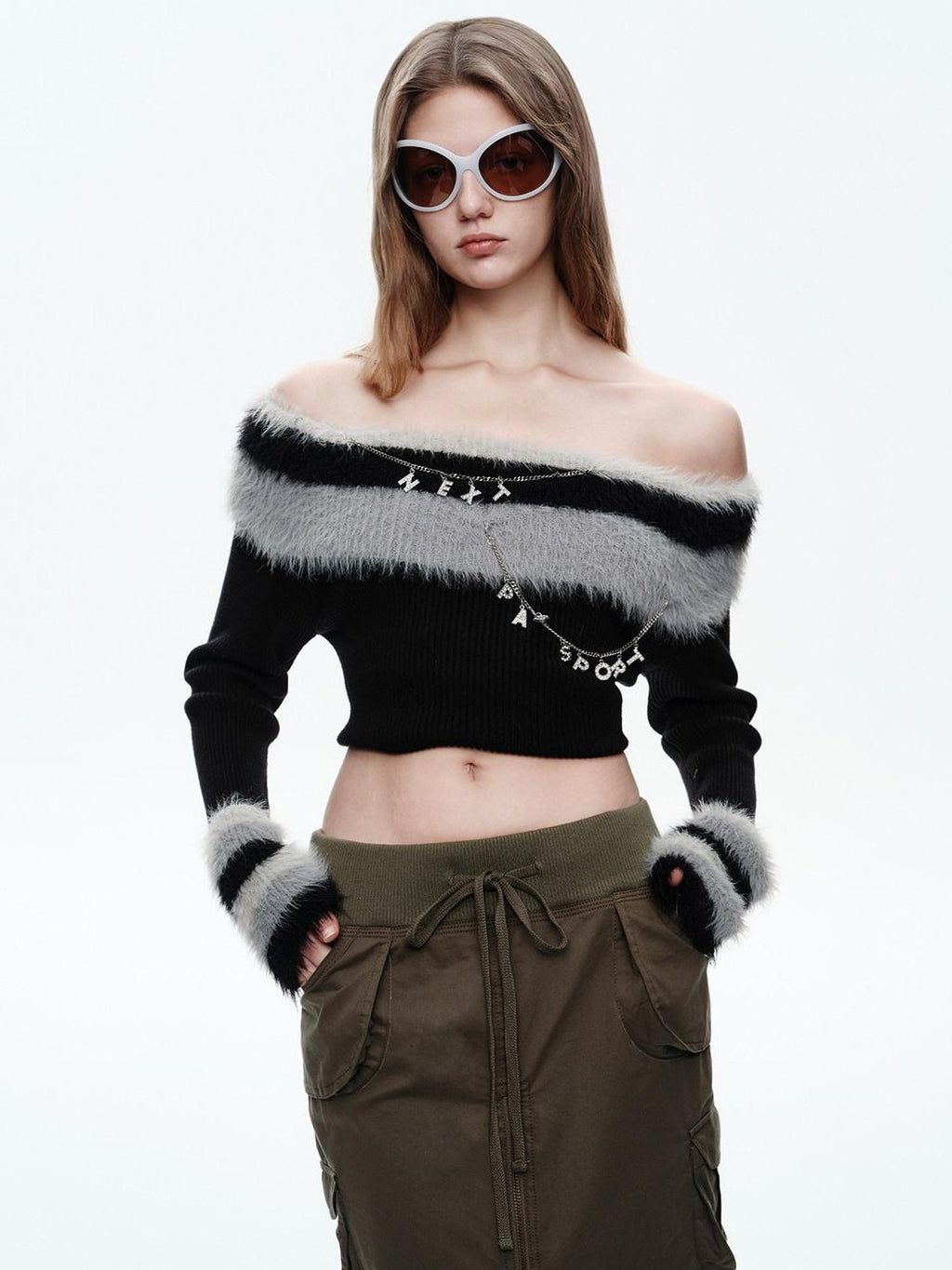 NextPassport MOF Black Fur Collar Reversible One Shoulder Women's Polyester Off-shoulder Sweaters