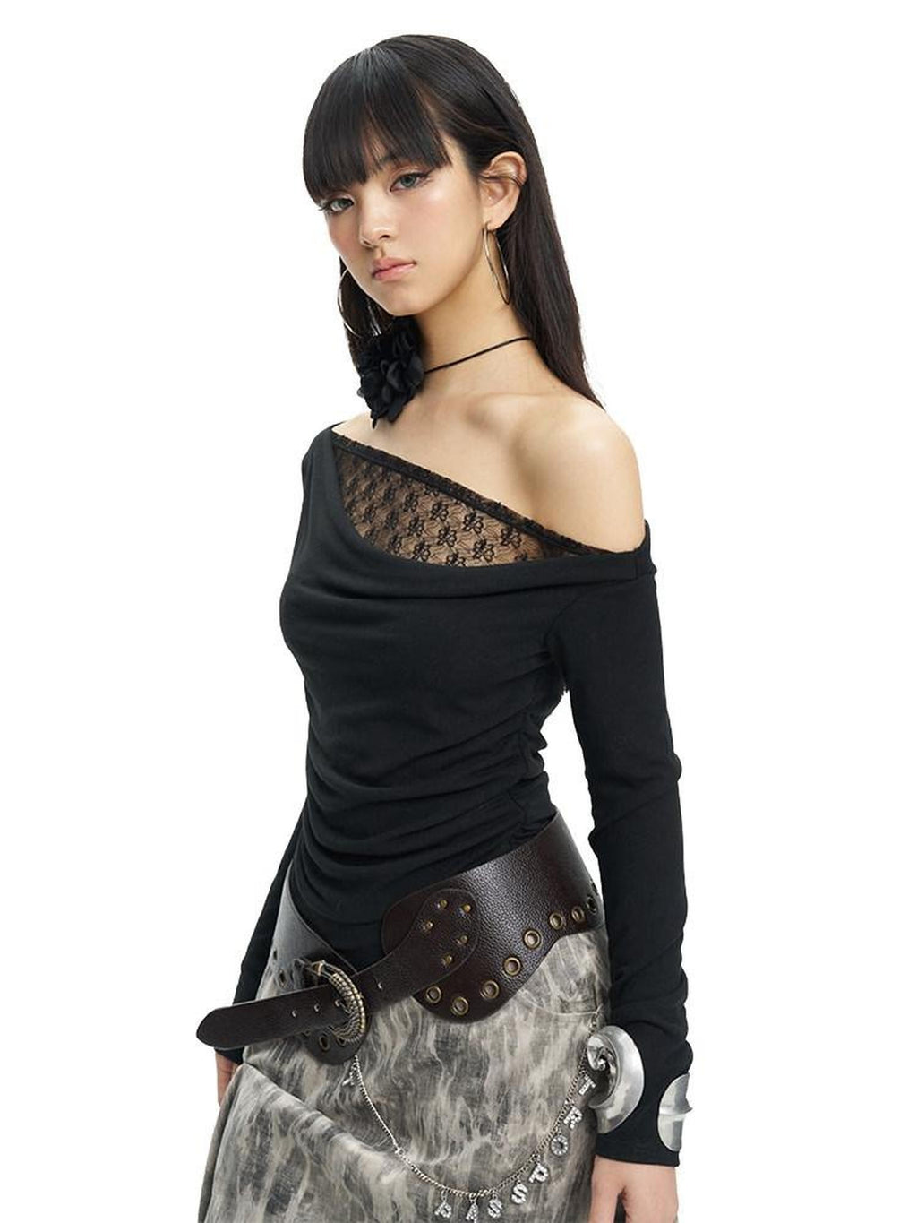 NextPassport MOF Black Lace Asymmetric One Shoulder Women's Viscose Blend Long Sleeve T-shirts
