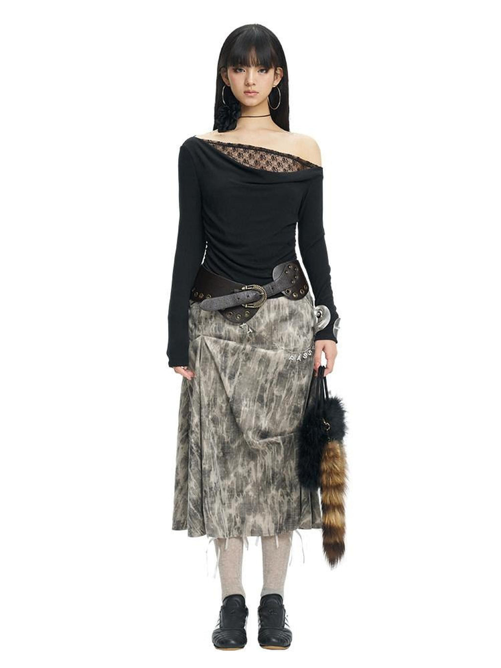 NextPassport MOF Black Lace Asymmetric One Shoulder Women's Viscose Blend Long Sleeve T-shirts