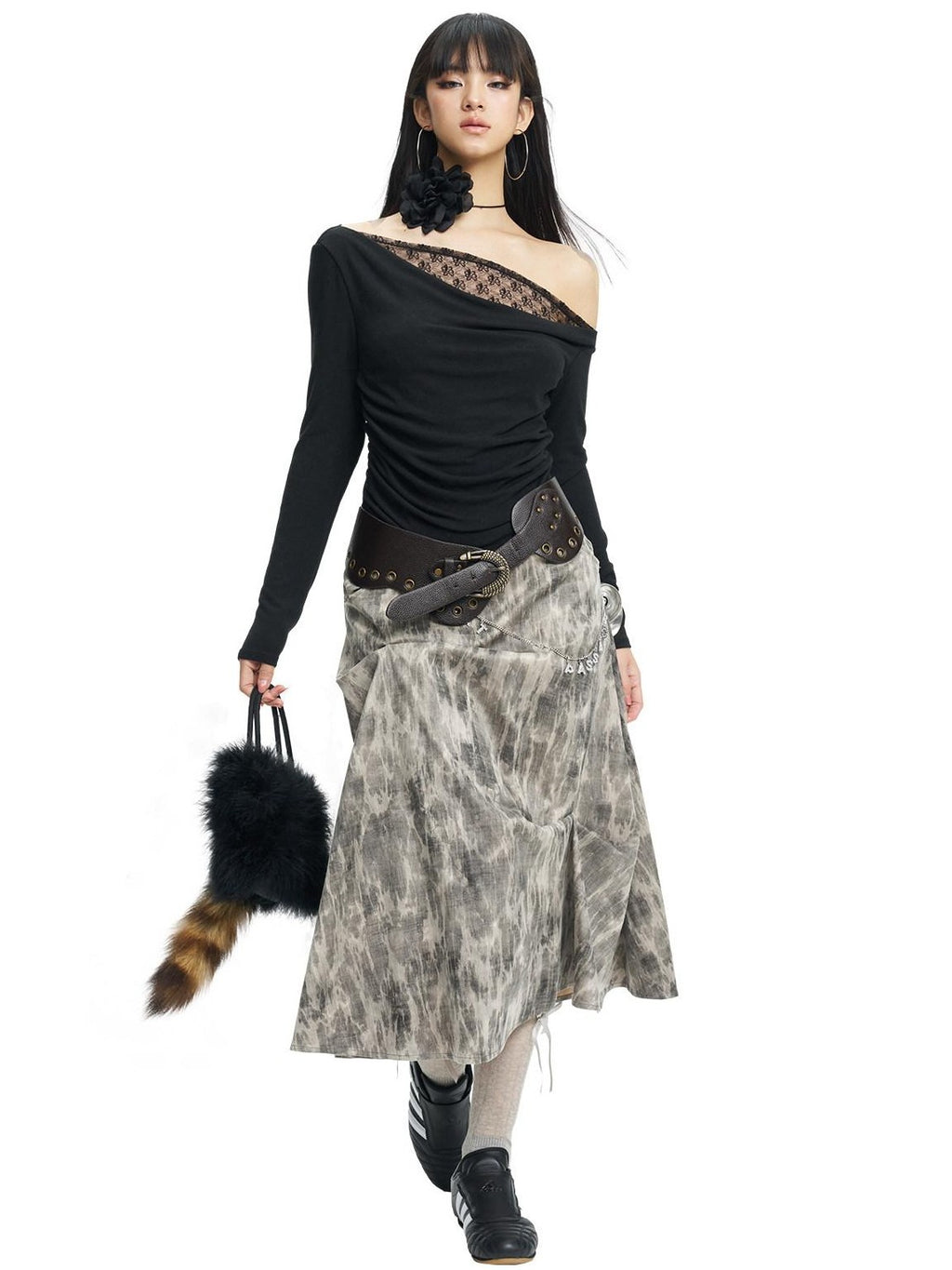 NextPassport MOF Black Lace Asymmetric One Shoulder Women's Viscose Blend Long Sleeve T-shirts