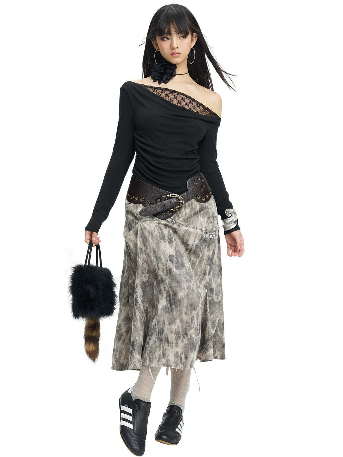 NextPassport MOF Black Lace Asymmetric One Shoulder Women's Viscose Blend Long Sleeve T-shirts