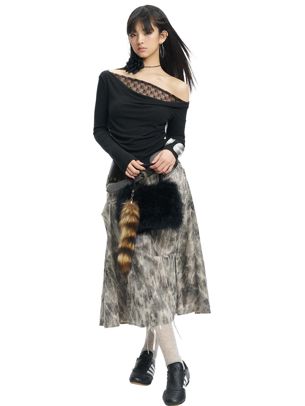 NextPassport MOF Black Lace Asymmetric One Shoulder Women's Viscose Blend Long Sleeve T-shirts