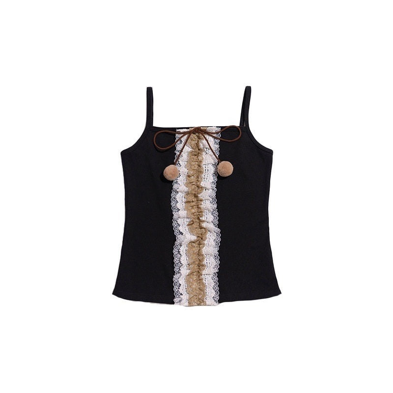 NextPassport_MOF_Black_Multilayer_Lace_Trim_Pom_Pom_Bow_Women's_Cotton_Blend_Camisoles_766977235185_MISSTT