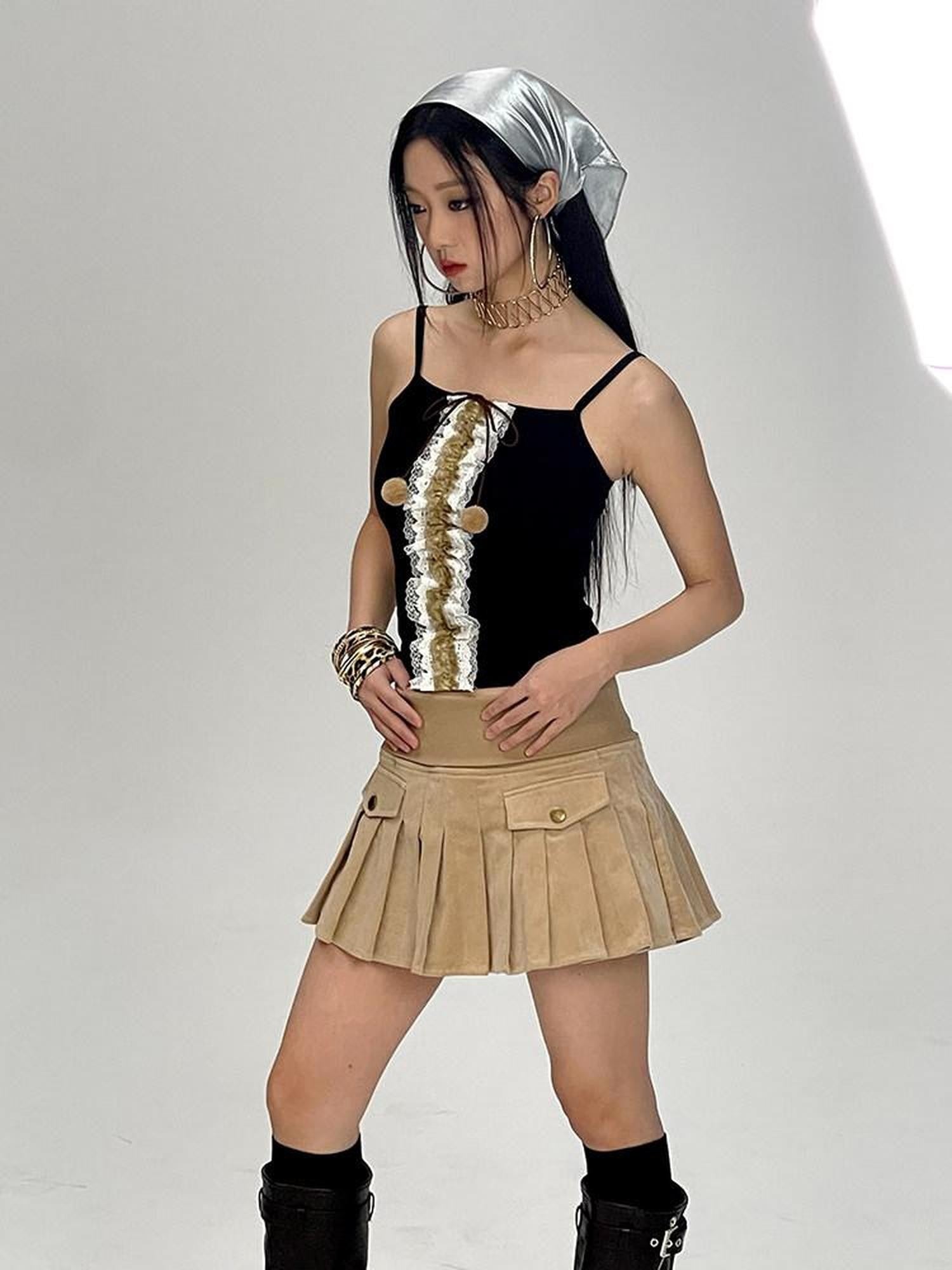 NextPassport MOF Black Multilayer Lace Trim Pom Pom Bow Women's Cotton Blend Camisoles