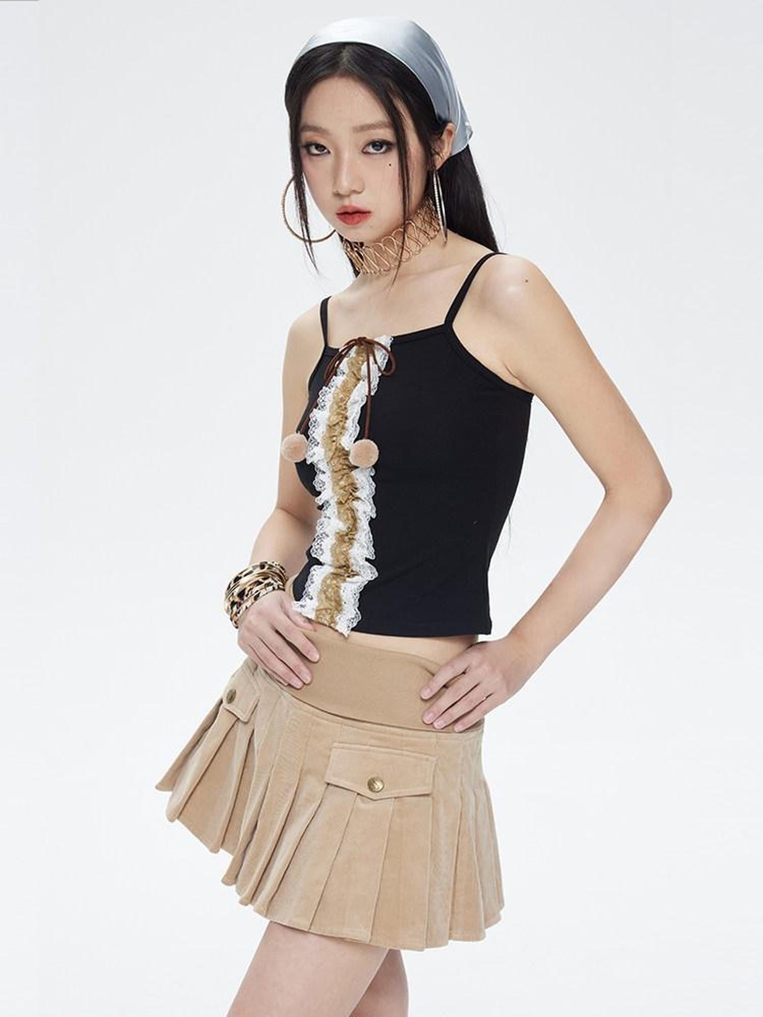 NextPassport MOF Black Multilayer Lace Trim Pom Pom Bow Women's Cotton Blend Camisoles