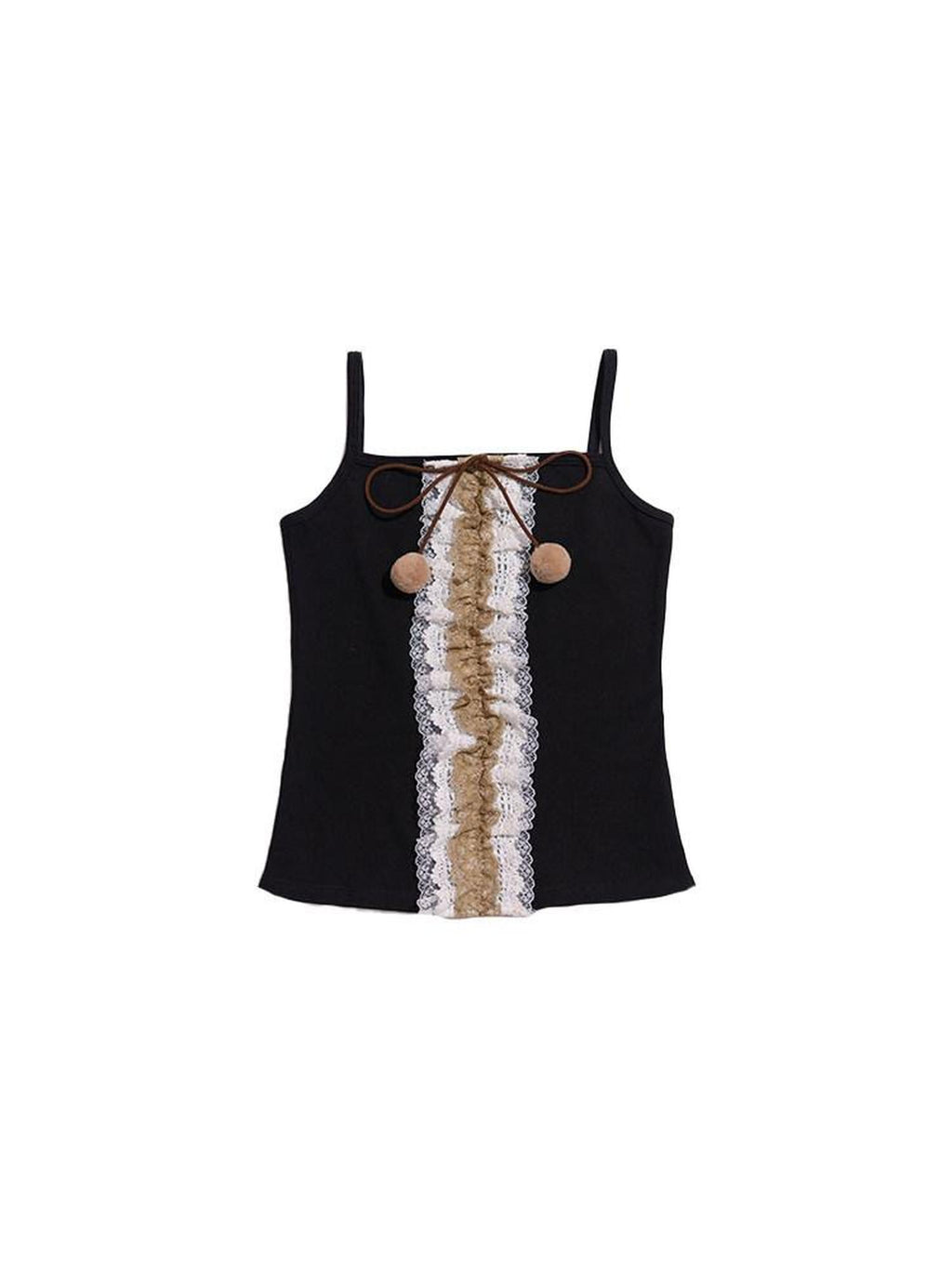 NextPassport MOF Black Multilayer Lace Trim Pom Pom Bow Women's Cotton Blend Camisoles