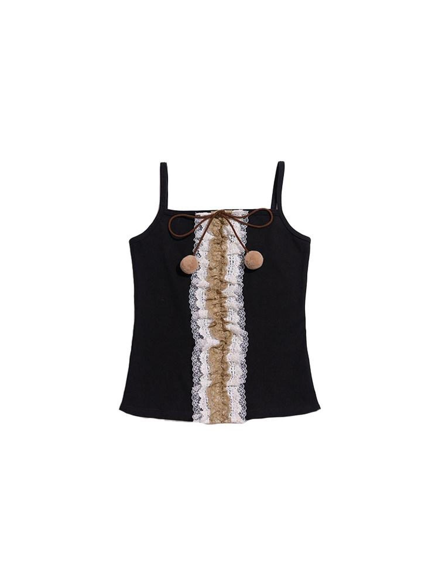 NextPassport MOF Black Multilayer Lace Trim Pom Pom Bow Women's Cotton Blend Camisoles