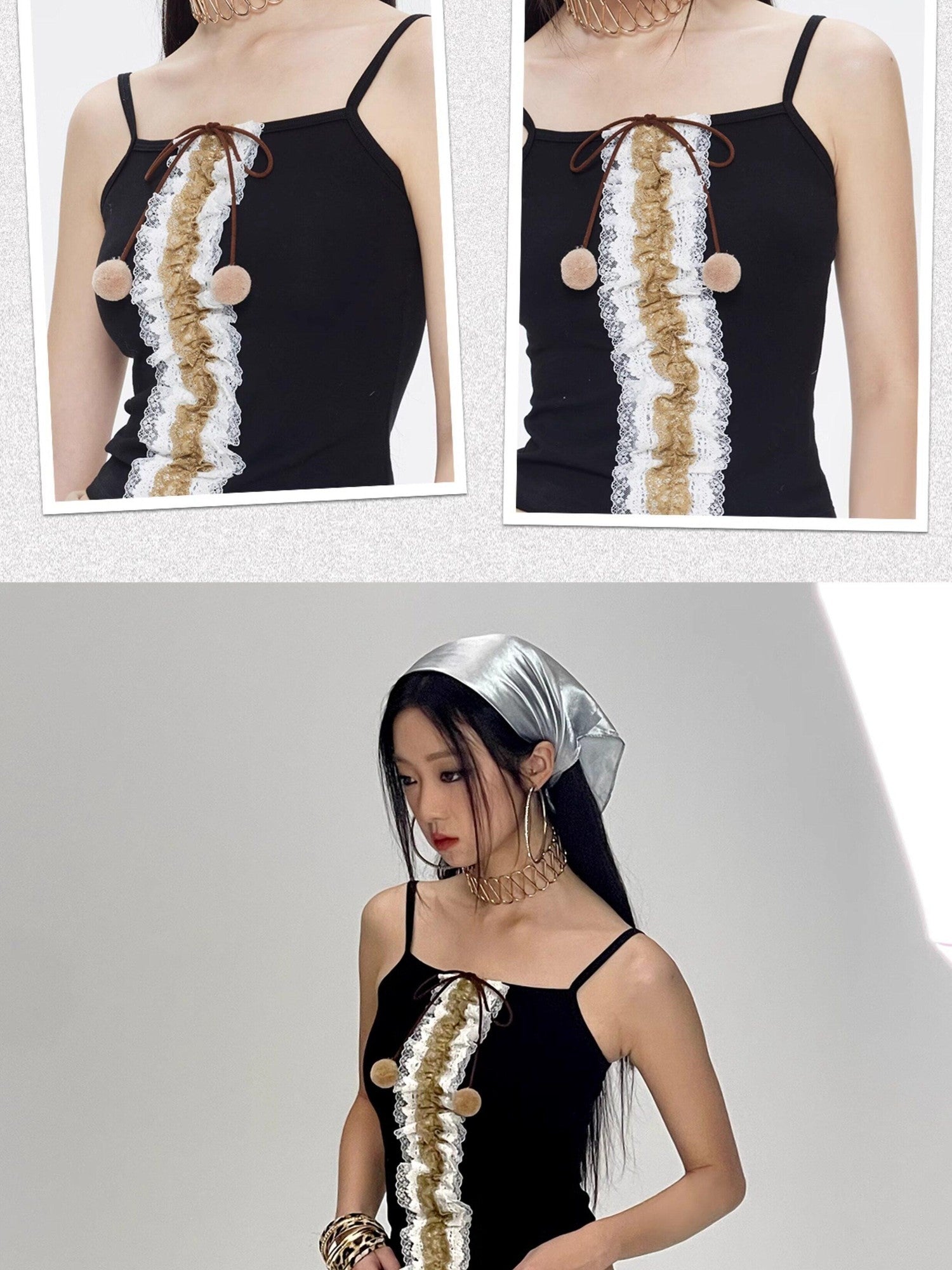 NextPassport MOF Black Multilayer Lace Trim Pom Pom Bow Women's Cotton Blend Camisoles