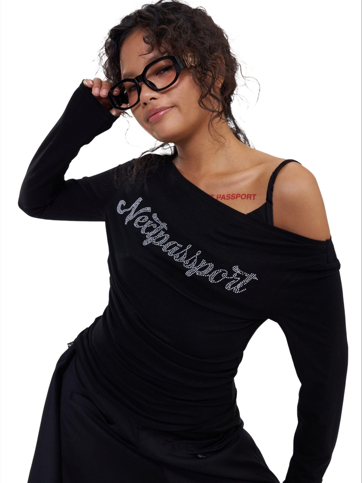 NextPassport MOF Black Rhinestone One Shoulder Slim Fit Women's Cotton Blend Long Sleeve T-shirts