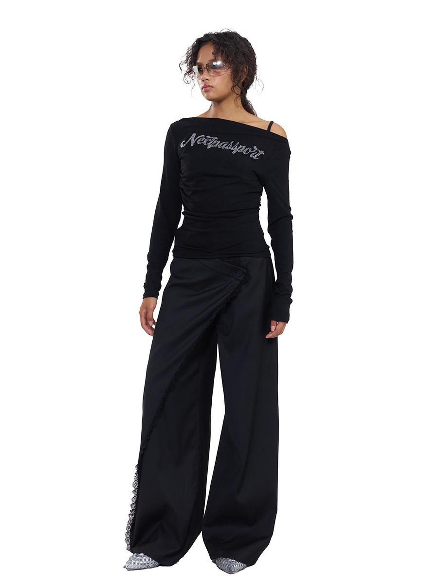 NextPassport MOF Black Rhinestone One Shoulder Slim Fit Women's Cotton Blend Long Sleeve T-shirts