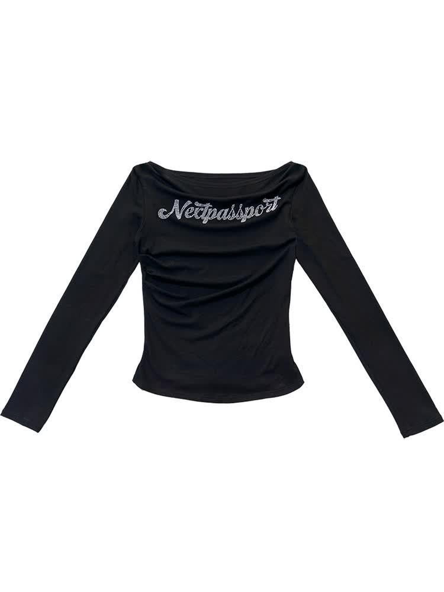 NextPassport MOF Black Rhinestone One Shoulder Slim Fit Women's Cotton Blend Long Sleeve T-shirts