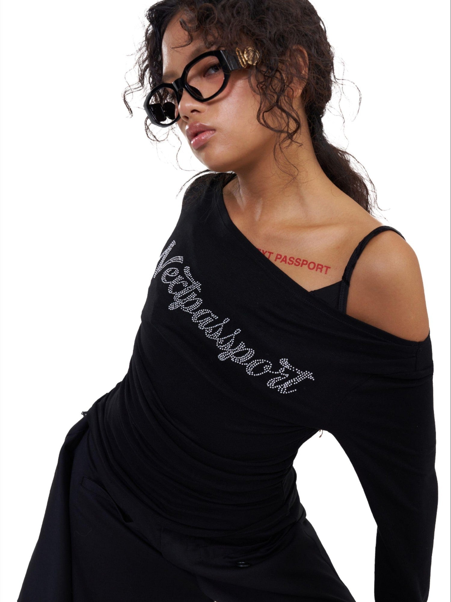 NextPassport MOF Black Rhinestone One Shoulder Slim Fit Women's Cotton Blend Long Sleeve T-shirts