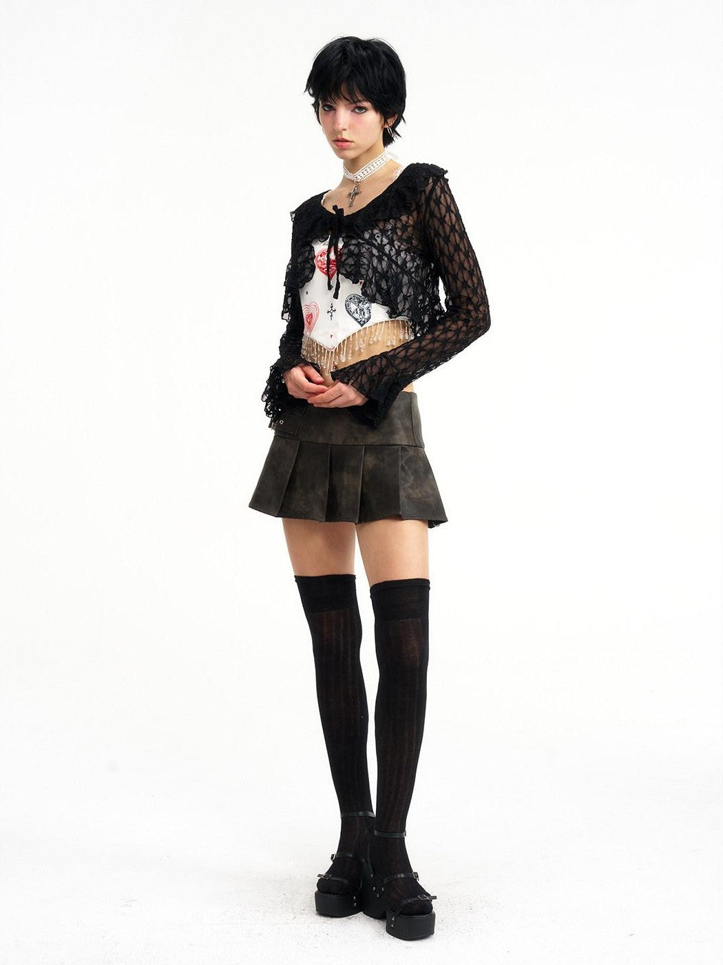 NextPassport MOF Black Sheer Lace Round Neck Slim Fit Women's Nylon Cardigans