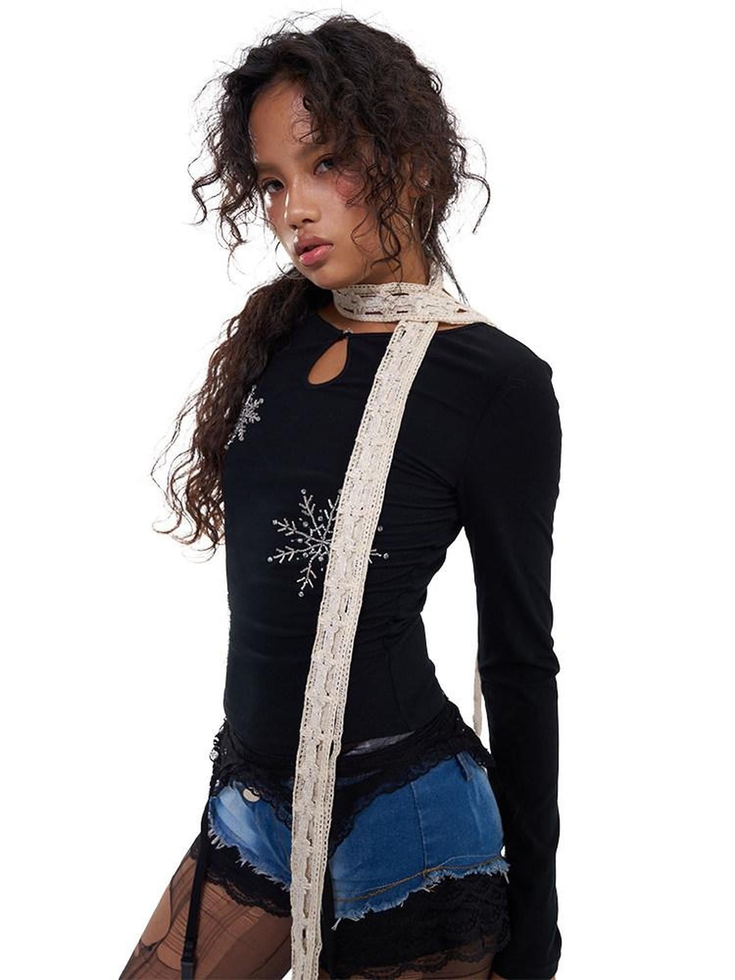 NextPassport MOF Black Snowflake Beaded Waterdrop Neck Women's Cotton Long Sleeve T-shirts
