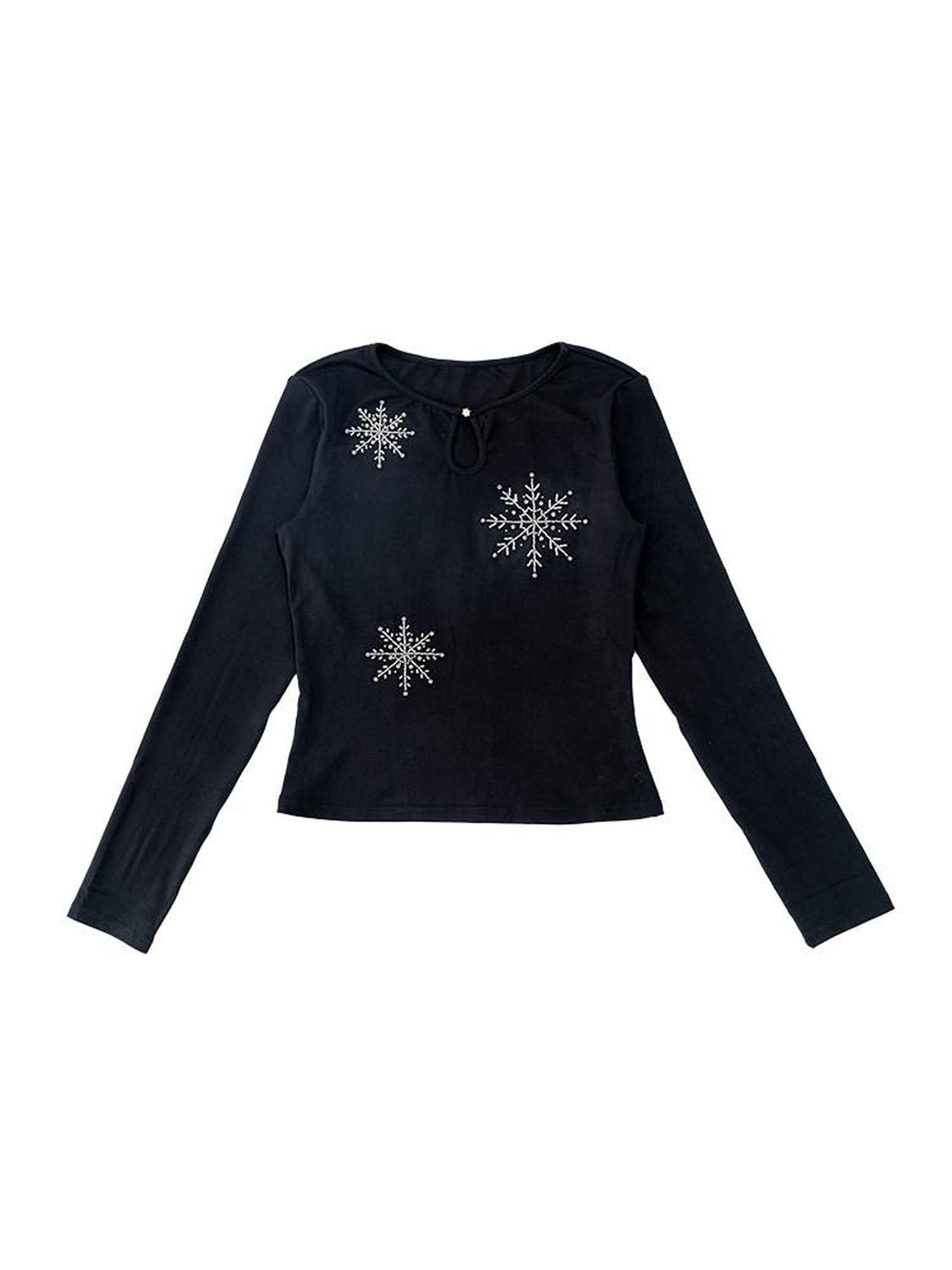 NextPassport MOF Black Snowflake Beaded Waterdrop Neck Women's Cotton Long Sleeve T-shirts