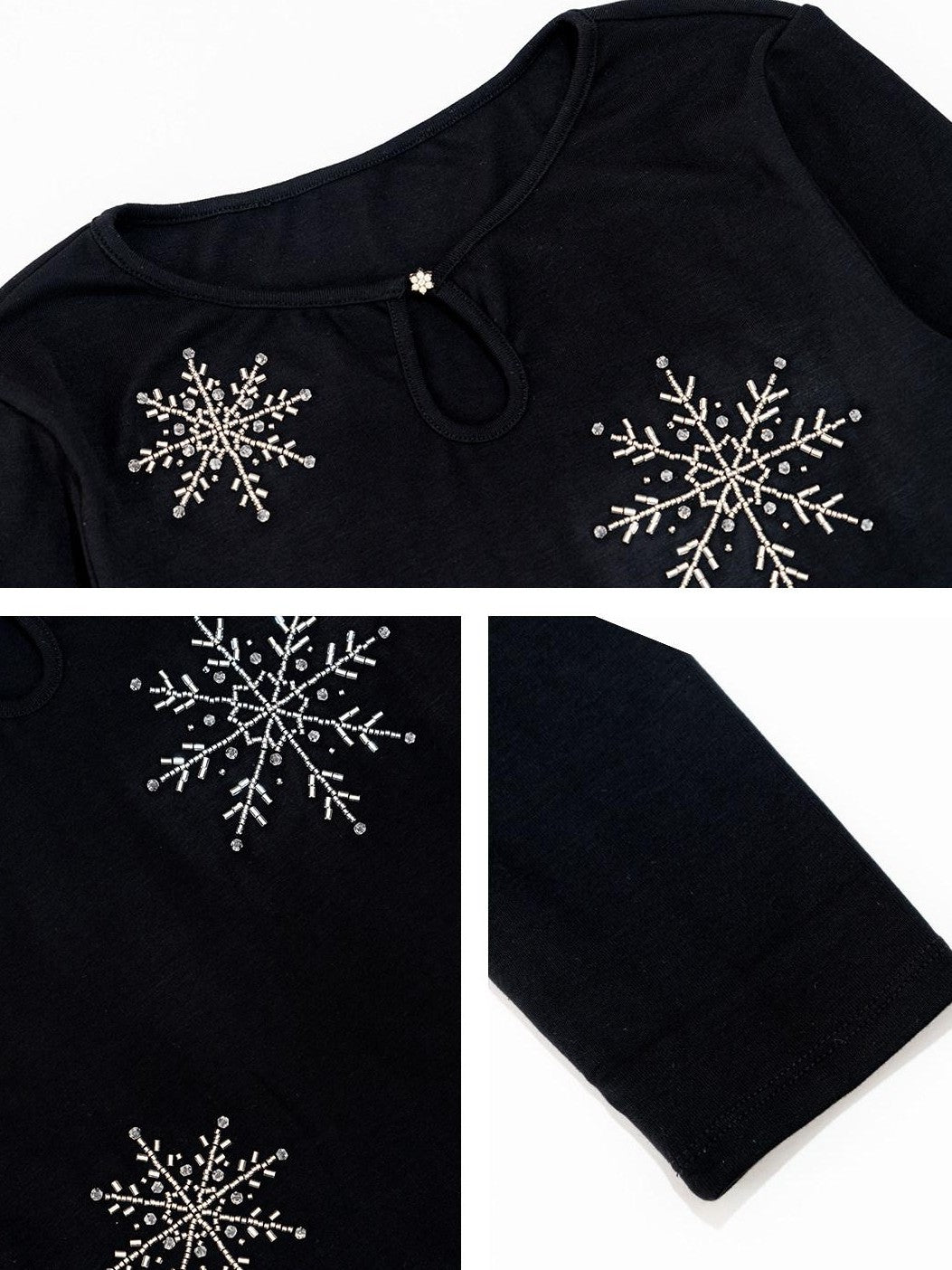 NextPassport MOF Black Snowflake Beaded Waterdrop Neck Women's Cotton Long Sleeve T-shirts