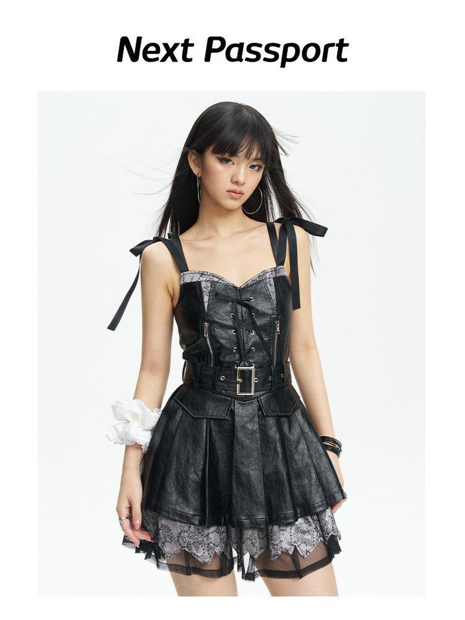 NextPassport MOF Black Strappy Off Shoulder Women's Pu Leather Slip Mini Dresses